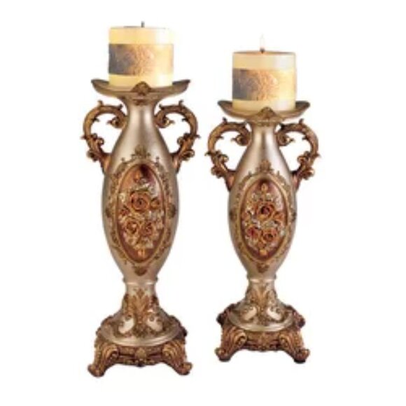 2 Piece Intricate Rose Decorative Candle Holder Set  By Sintechno - Picture 1 of 2